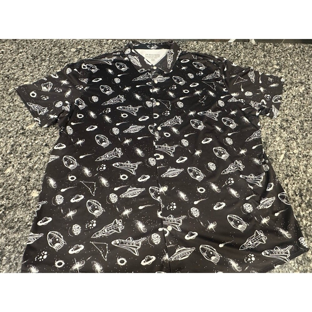 Men’s 2XL Black Space Rocket Galaxy Button Up Shirt Soft Stretch